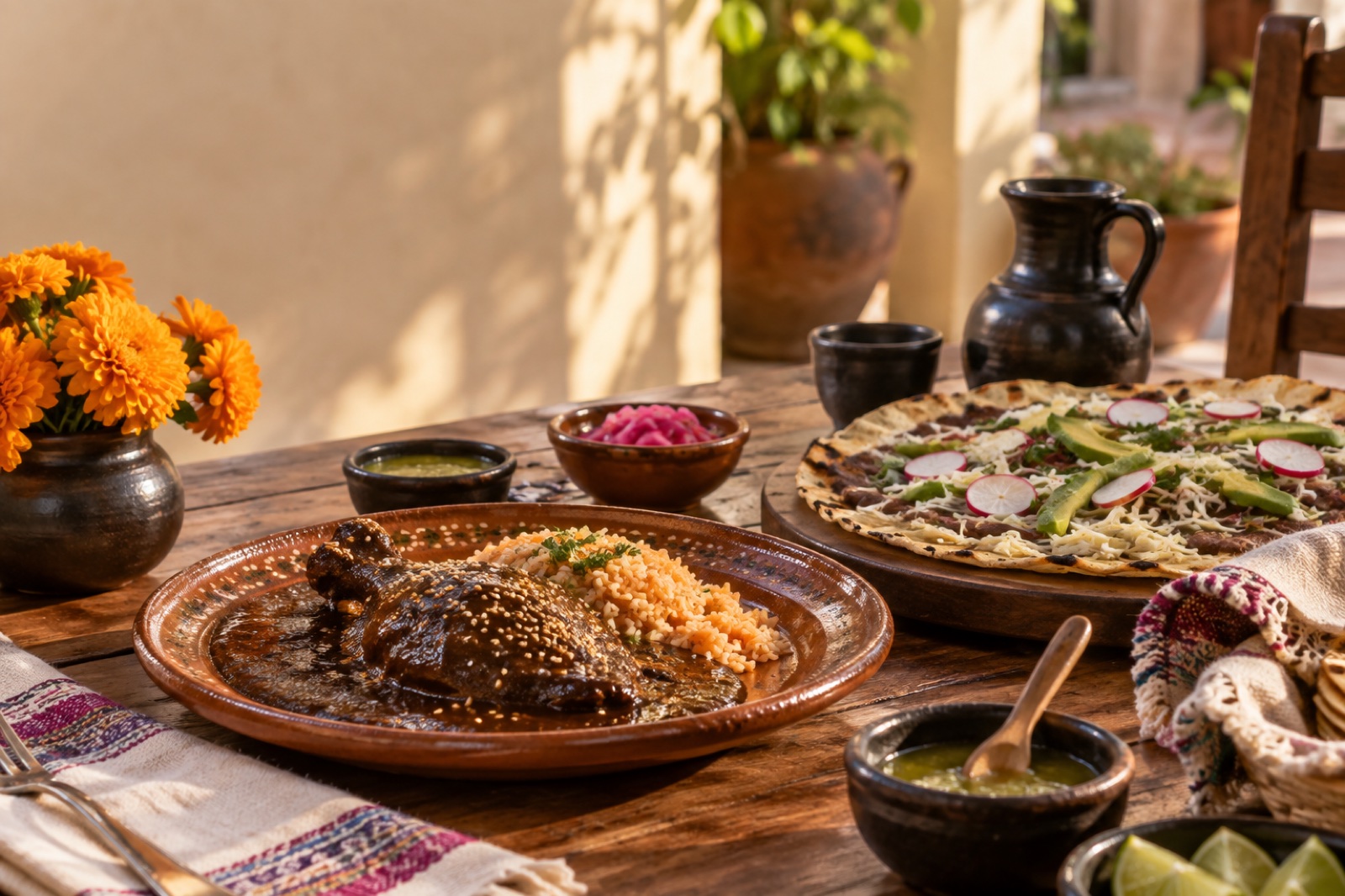 Mesa oaxaqueña representativa con mole, arroz y tlayuda