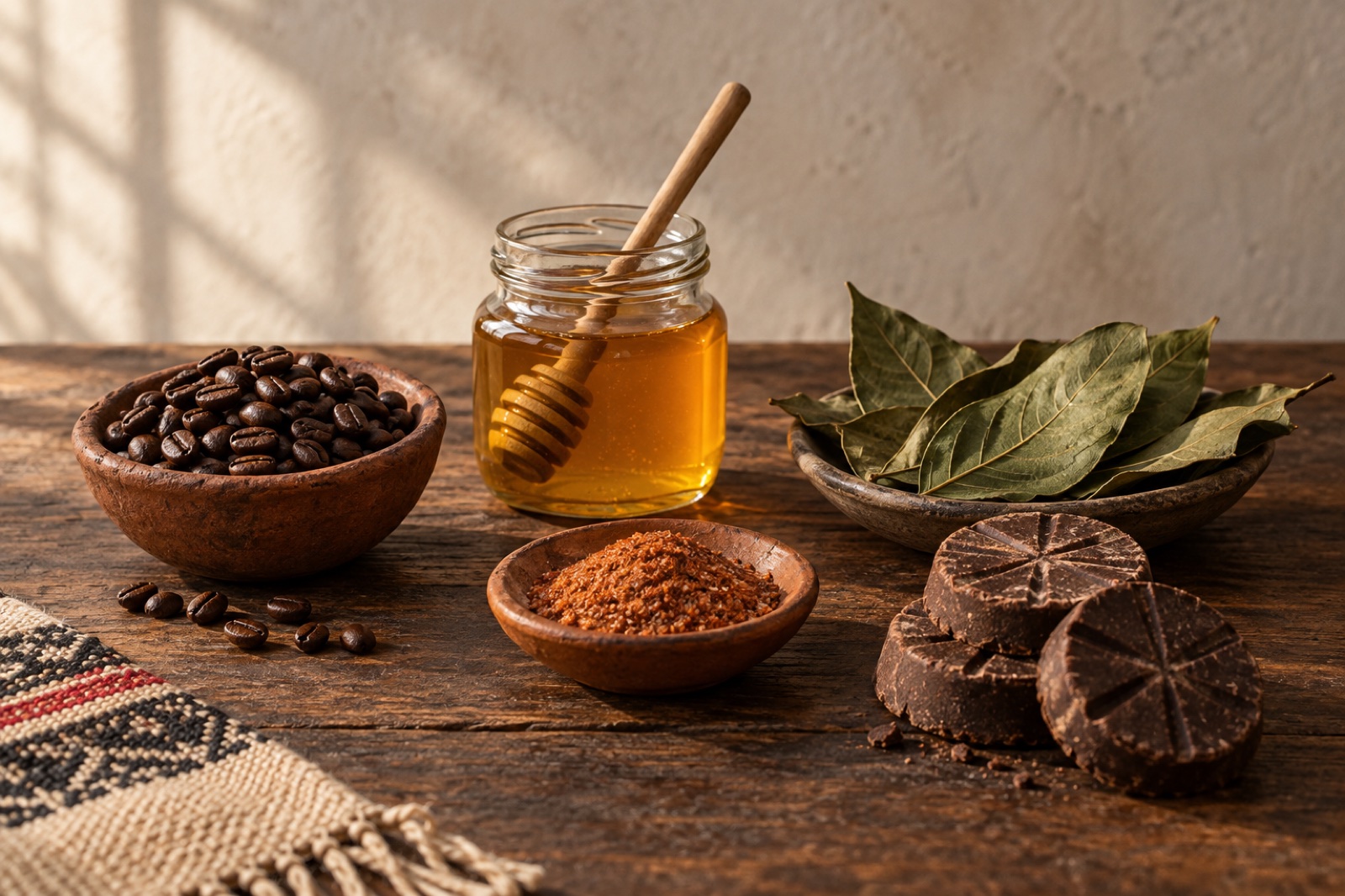 Composición representativa con café, miel, sal de gusano, hoja de aguacate y chocolate