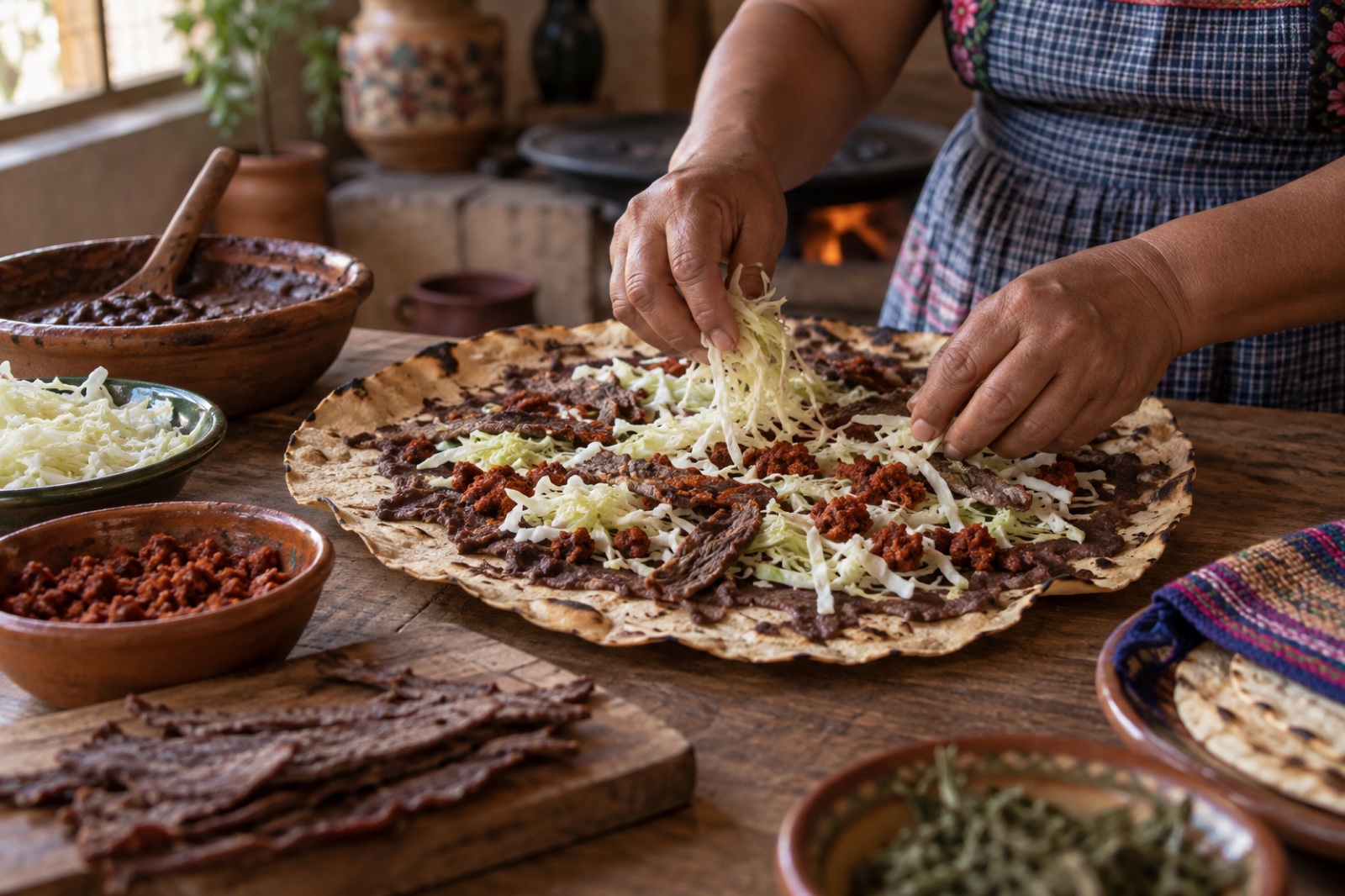 Preparación representativa de una tlayuda sobre una mesa de cocina